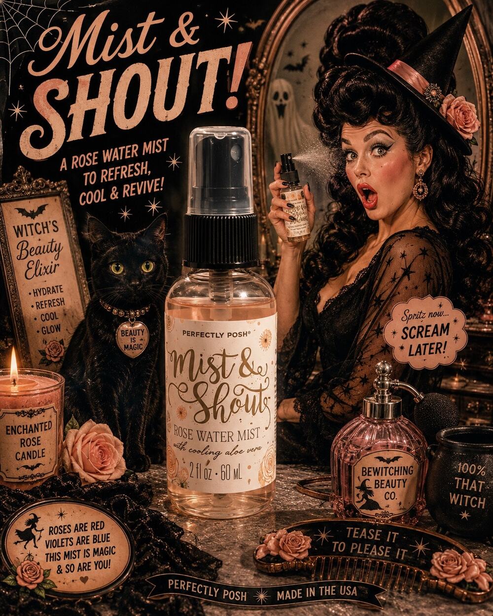 Perfectly Posh Mist & Shout Rose Water Mist Cooling Aloe Vera 2 oz Discontinued